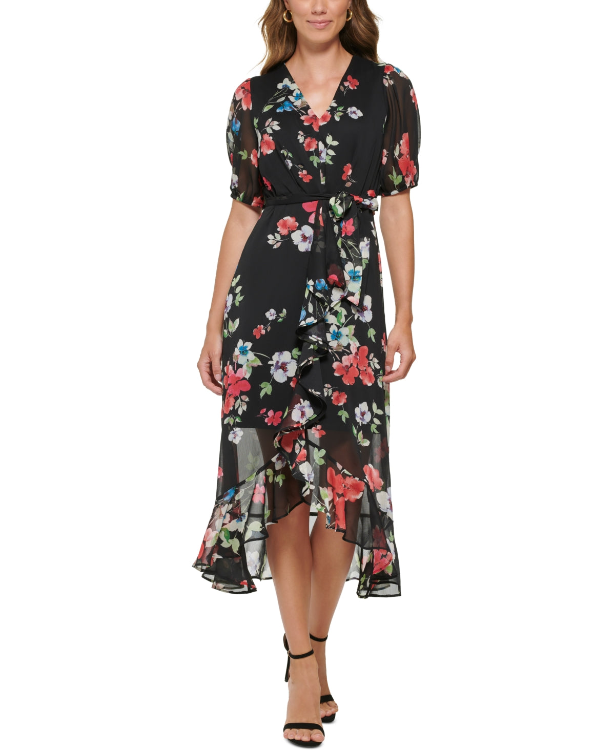 Vestido midi com babados e estampa floral feminino DKNY, preto, tamanho 2