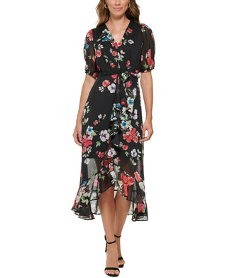 Vestido midi com babados e estampa floral feminino DKNY, preto, tamanho 2