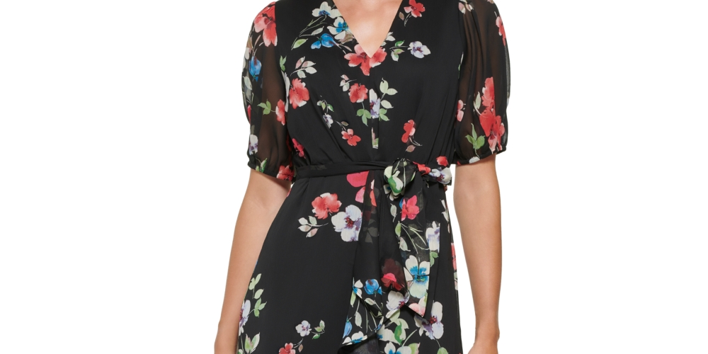Vestido midi com babados e estampa floral feminino DKNY, preto, tamanho 2