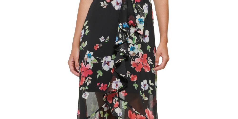 Vestido midi com babados e estampa floral feminino DKNY, preto, tamanho 2