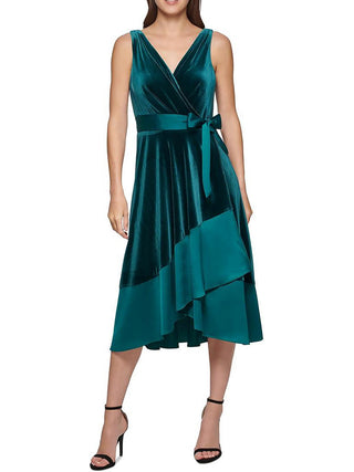 Vestido feminino DKNY com sobrepeliz em técnica mista e decote em V, cinto, verde, tamanho 12