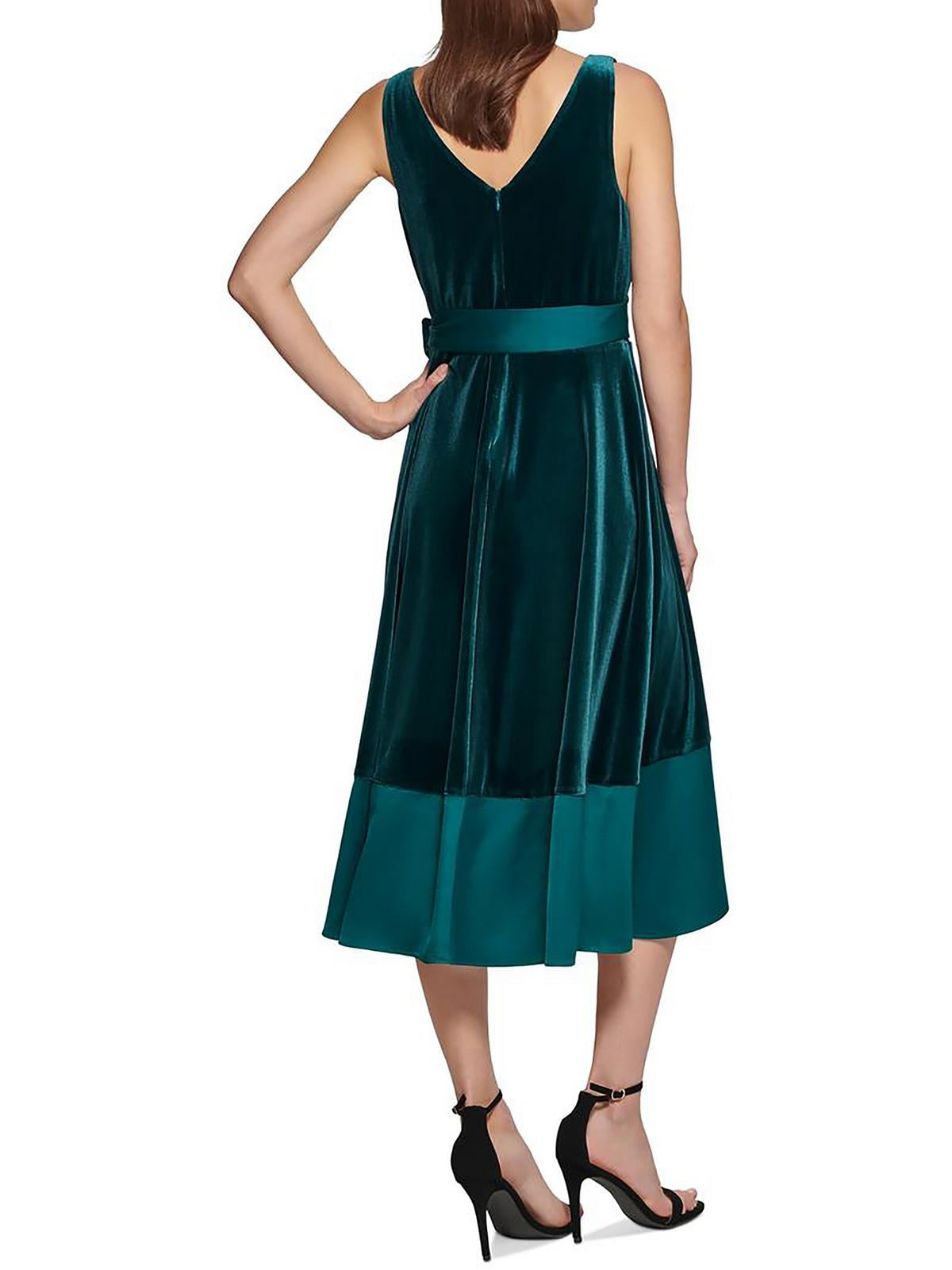 Vestido feminino DKNY com sobrepeliz em técnica mista e decote em V, cinto, verde, tamanho 12