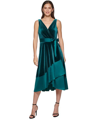 Vestido feminino DKNY com sobrepeliz em técnica mista e decote em V, cinto, verde, tamanho 2