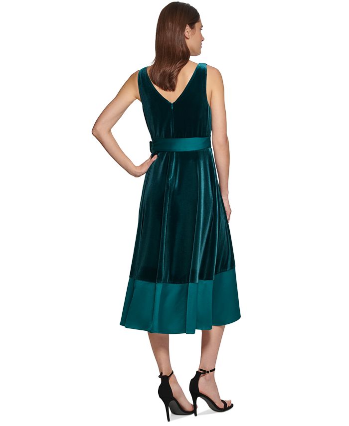 Vestido feminino DKNY com sobrepeliz em técnica mista e decote em V, cinto, verde, tamanho 2