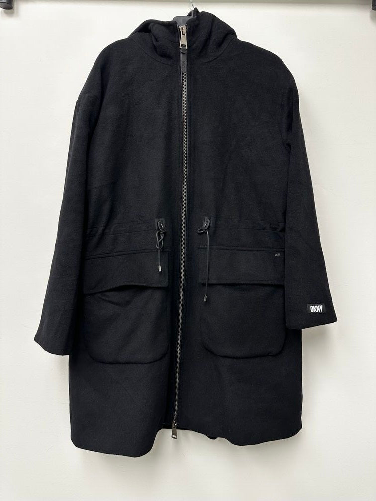 Casaco anorak de lã com capuz feminino DKNY, preto, tamanho grande