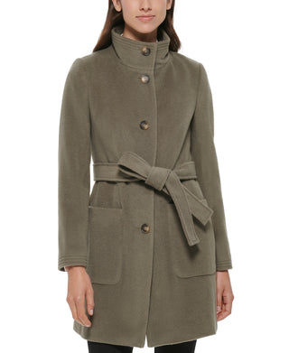 Casaco feminino DKNY com gola alta e botões frontais, cinto, verde, tamanho grande