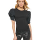 Blusa feminina DKNY com decote redondo e manga bufante contrastante, preta, tamanho GG