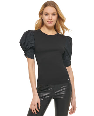 Blusa feminina DKNY com decote redondo e manga bufante contrastante, preta, tamanho GG