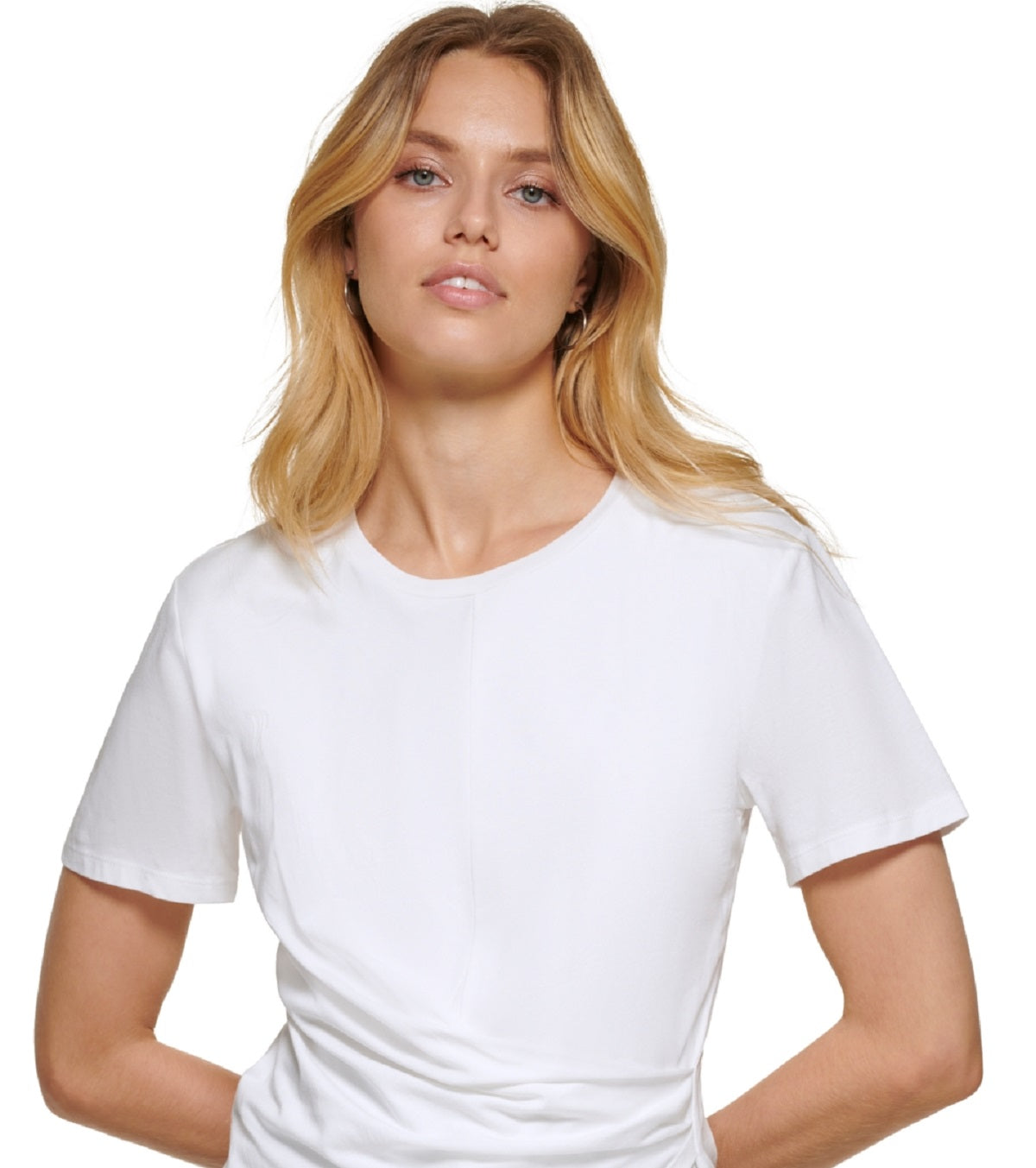 Camiseta feminina DKNY com frente falsa e envolvente, branca, tamanho médio