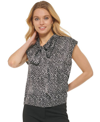 DKNY Women's Printed Tie V Neck Top Black Size Large