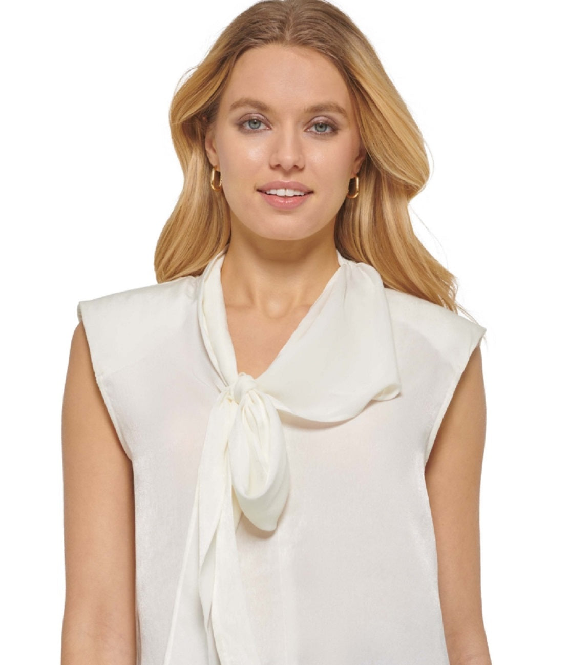 Blusa feminina DKNY com decote em V e gravata, branca, tamanho extragrande