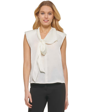Blusa feminina DKNY com decote em V e gravata, branca, tamanho extragrande