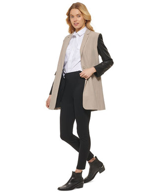 DKNY Women's Mixed Media Faux Leather Sleeve Jacket Brown Size Medium