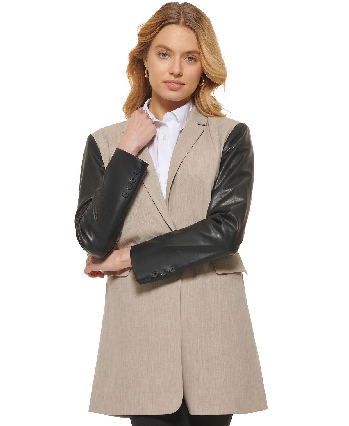 Jaqueta feminina DKNY com mangas de couro sintético e técnica mista, marrom, tamanho médio