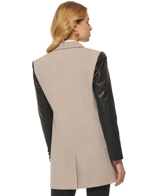 DKNY Women's Mixed Media Faux Leather Sleeve Jacket Brown Size Medium