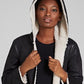Casaco feminino DKNY com capuz e pele de carneiro sintética, preto, tamanho médio