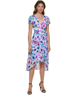 DKNY Women's Zippered Sheer Lined Floral Flutter Sleeve Surplice Neckline Midi Wear To Work Faux Wrap Dress White Size 14