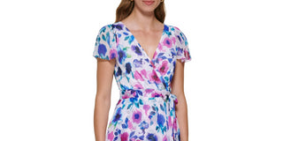 DKNY Women's Zippered Sheer Lined Floral Flutter Sleeve Surplice Neckline Midi Wear To Work Faux Wrap Dress White Size 14