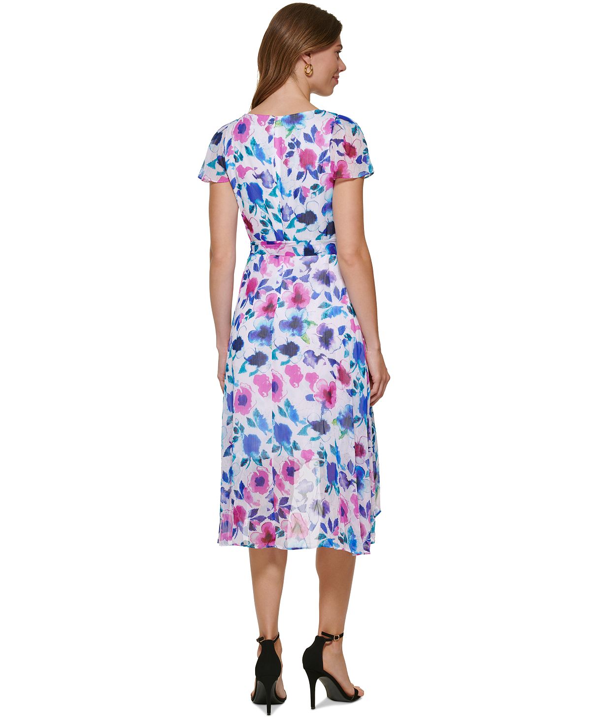 Vestido envelope falso com estampa floral DKNY feminino, azul, tamanho 8