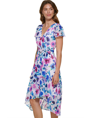 Vestido envelope falso com estampa floral DKNY feminino, azul, tamanho 8