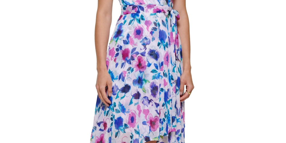 Vestido envelope falso com estampa floral DKNY feminino, azul, tamanho 6