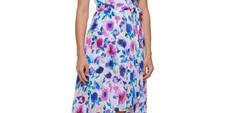 Vestido envelope falso com estampa floral DKNY feminino, azul, tamanho 6