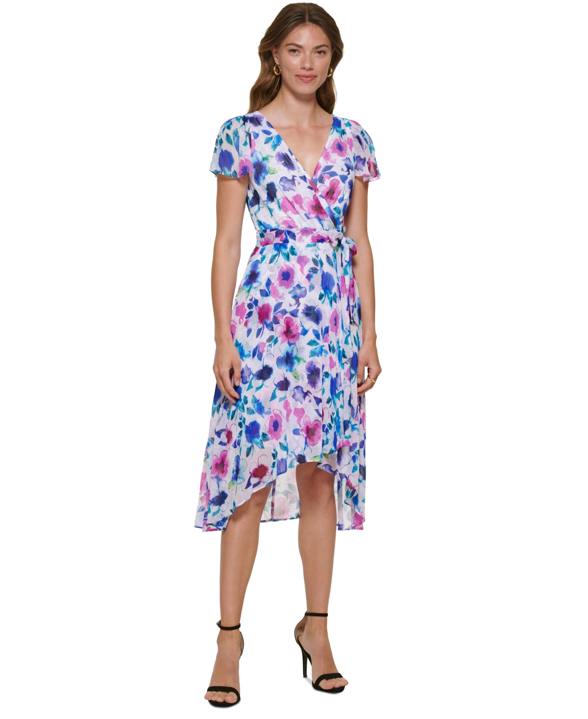 Vestido envelope falso com estampa floral DKNY feminino, azul, tamanho 4