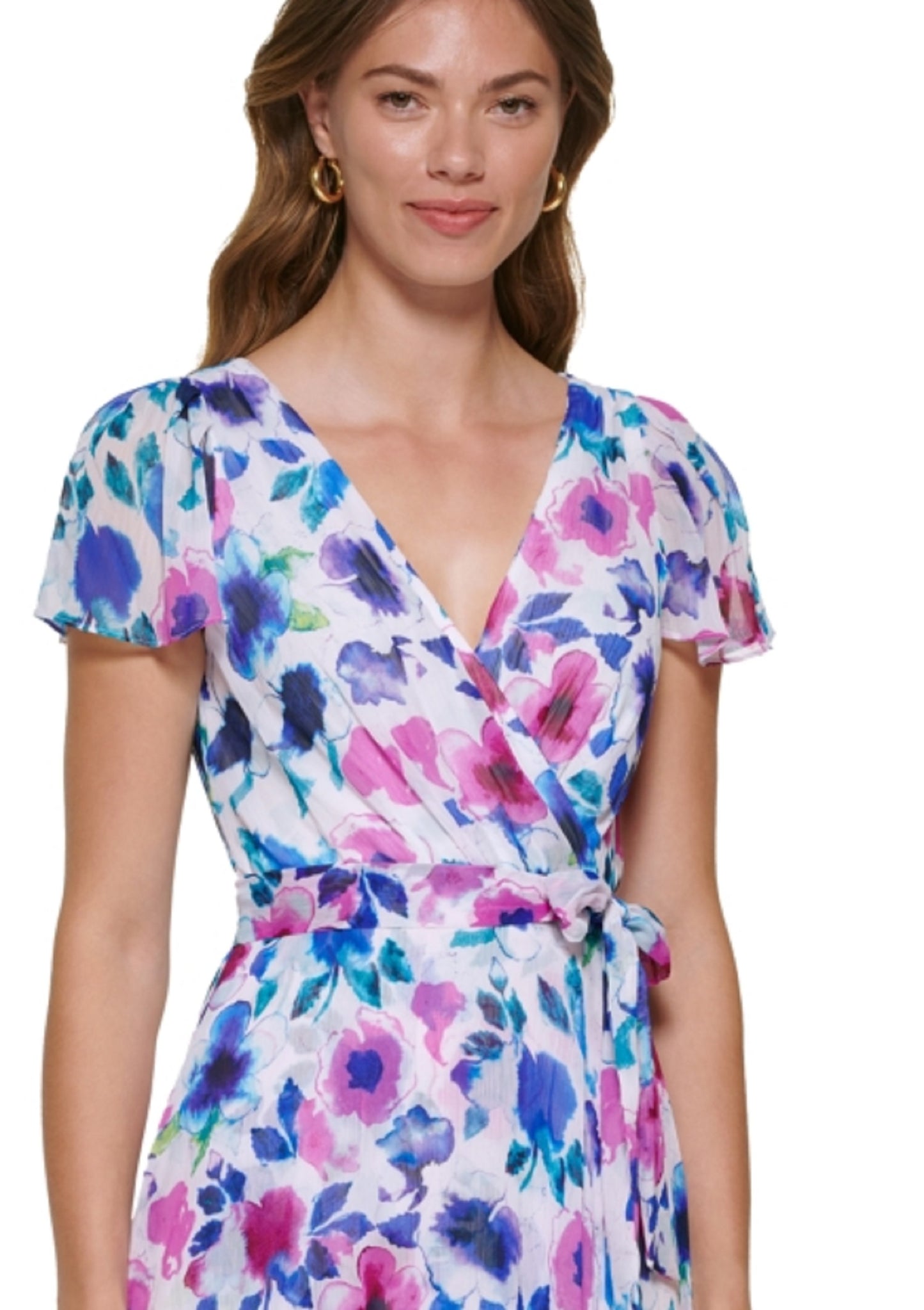 Vestido envelope falso com estampa floral DKNY feminino, azul, tamanho 4