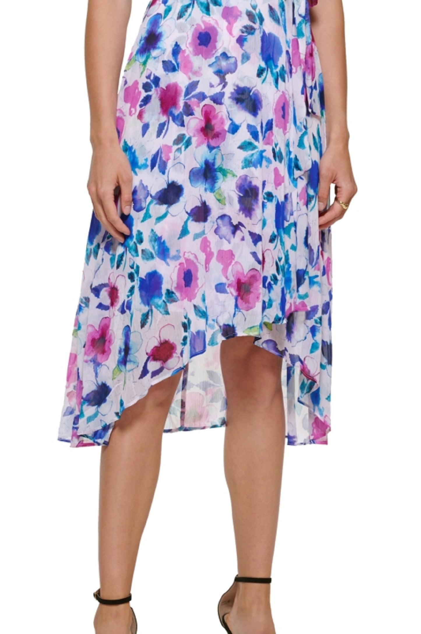 Vestido envelope falso com estampa floral DKNY feminino, azul, tamanho 4