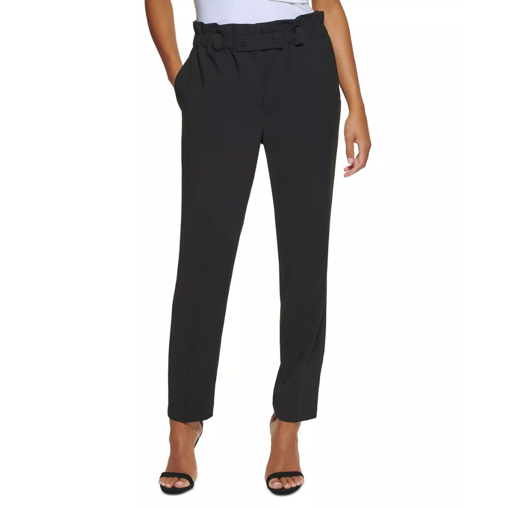 Calça feminina DKNY cintura alta com botões de pressão e cós tipo saco, preta, tamanho 12