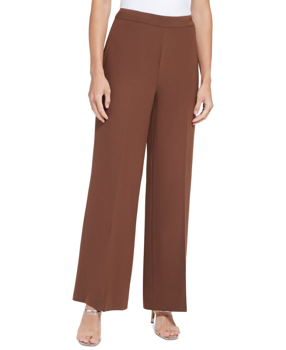 Calça feminina DKNY cintura alta perna larga zíper lateral marrom tamanho 16 petite