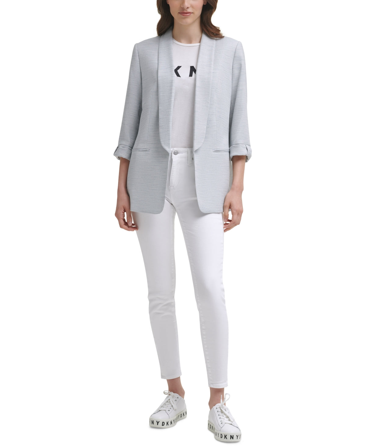 Blazer feminino DKNY com gola xale e manga 3/4, azul, tamanho 6, pequeno