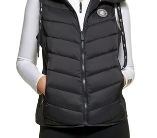 Colete acolchoado com capuz e logotipo feminino DKNY, preto, tamanho médio
