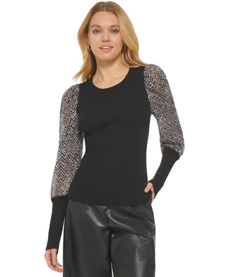 DKNY Women's Printed Mixed Media Long Sleeve Sweater Black Size Small