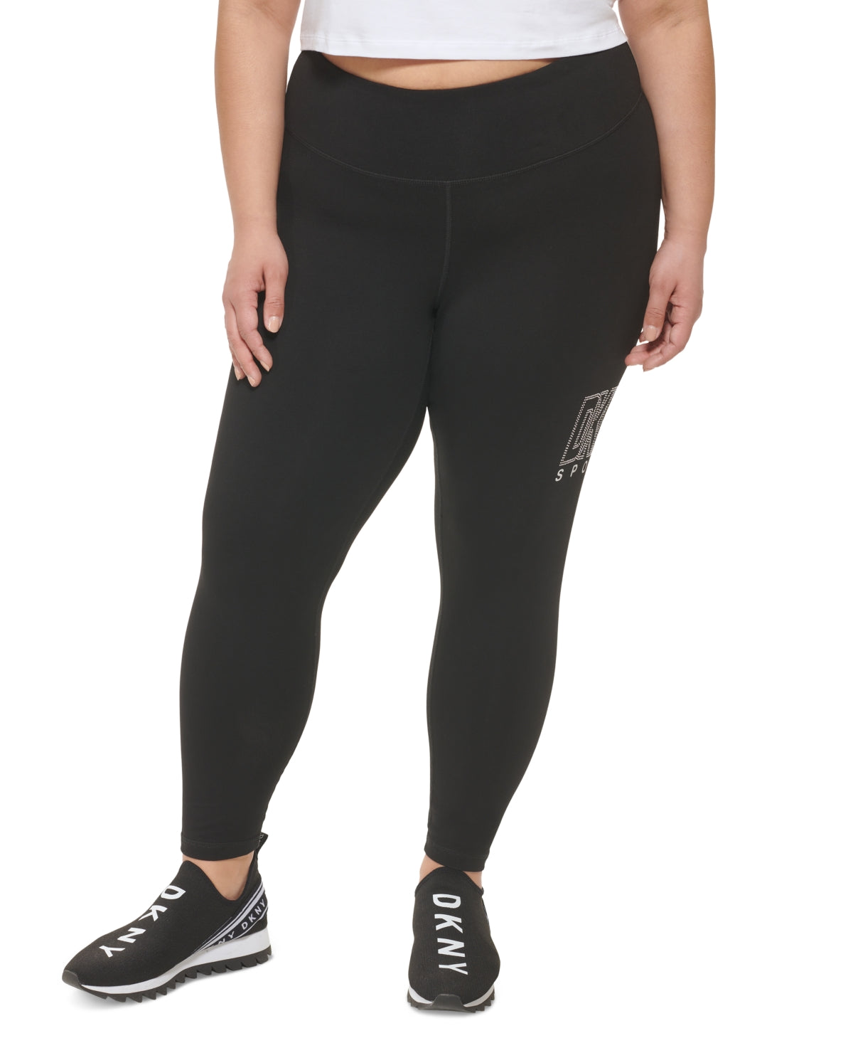 Leggings femininas DKNY com logotipo embelezado, pretas, tamanho 3X