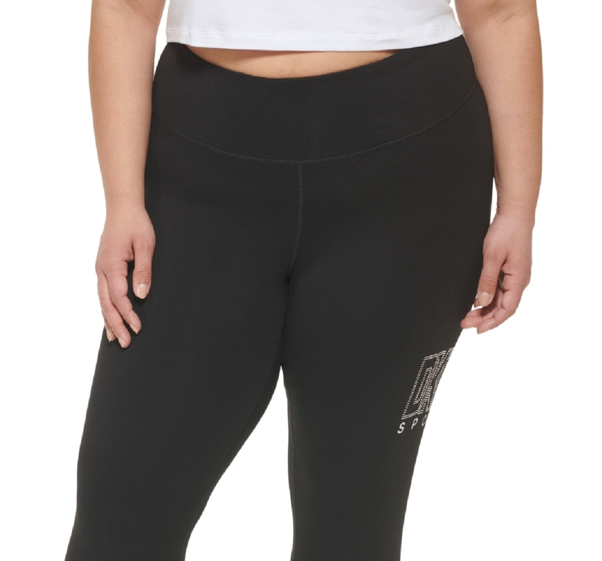 Leggings femininas DKNY com logotipo embelezado, pretas, tamanho 2X