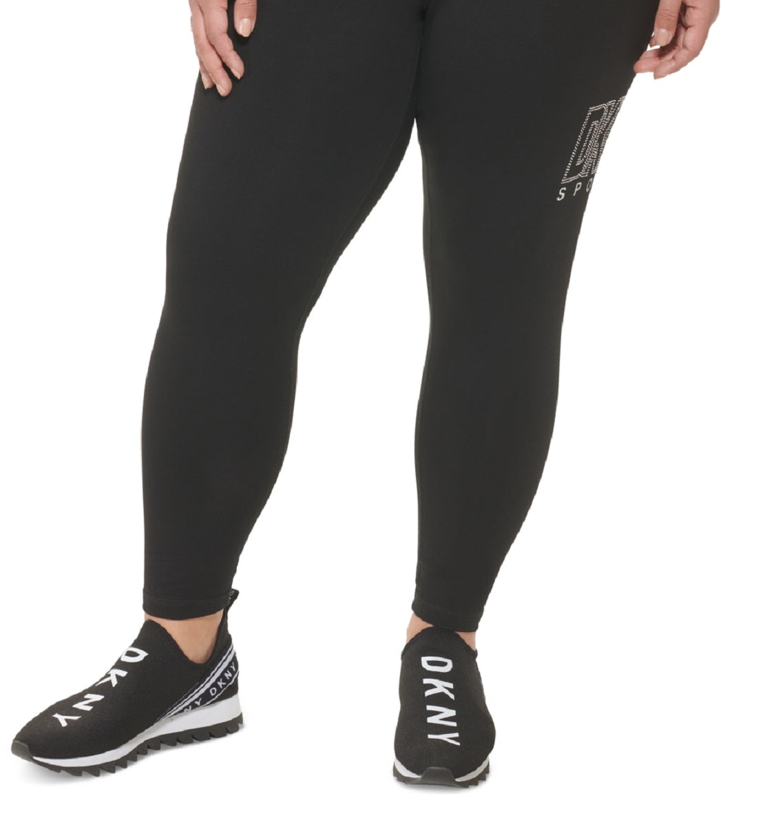 Leggings femininas DKNY com logotipo embelezado, pretas, tamanho 2X