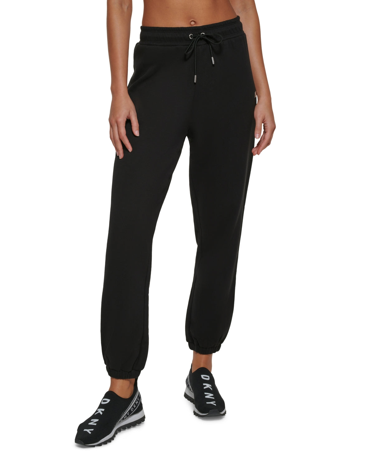 Calça de moletom feminina DKNY com logotipo metálico, preta, tamanho X-S