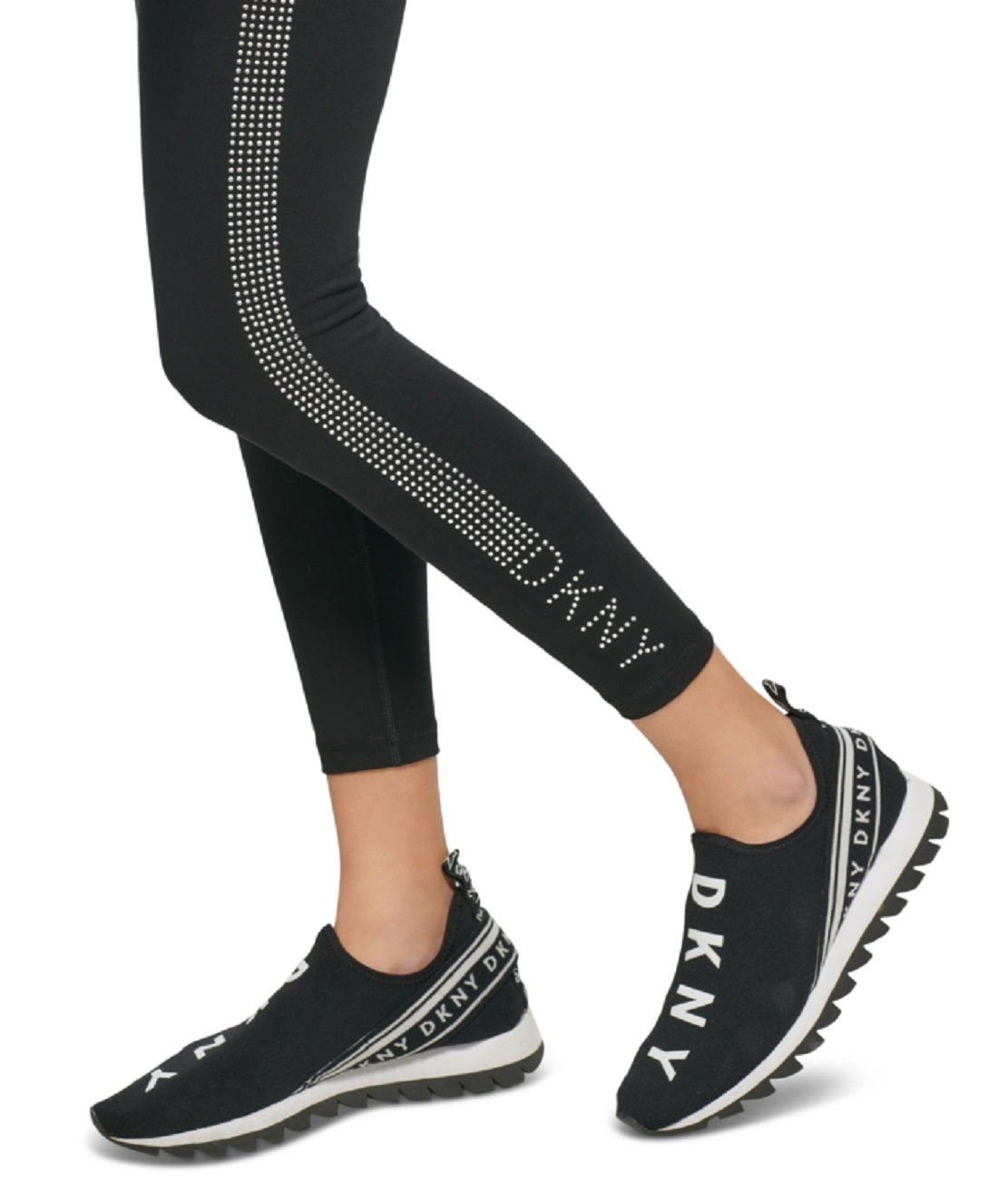 Leggings femininas DKNY de cintura alta com listras de strass, pretas, tamanho médio