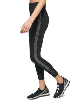 Leggings femininas DKNY de cintura alta com listras de strass, pretas, tamanho médio
