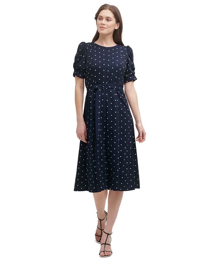 Vestido midi feminino DKNY com bolinhas e manga franzida, azul, tamanho 4, pequeno