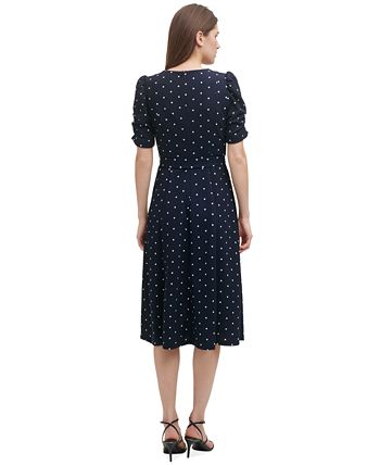 Vestido midi feminino DKNY com bolinhas e manga franzida, azul, tamanho 4, pequeno