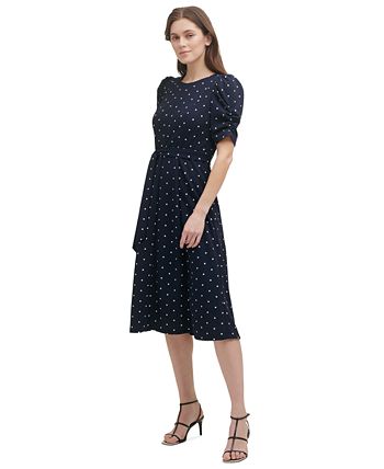 Vestido midi feminino DKNY com bolinhas e manga franzida, azul, tamanho 4, pequeno