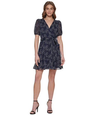 Vestido feminino DKNY com manga transparente e bordado, azul, tamanho 2