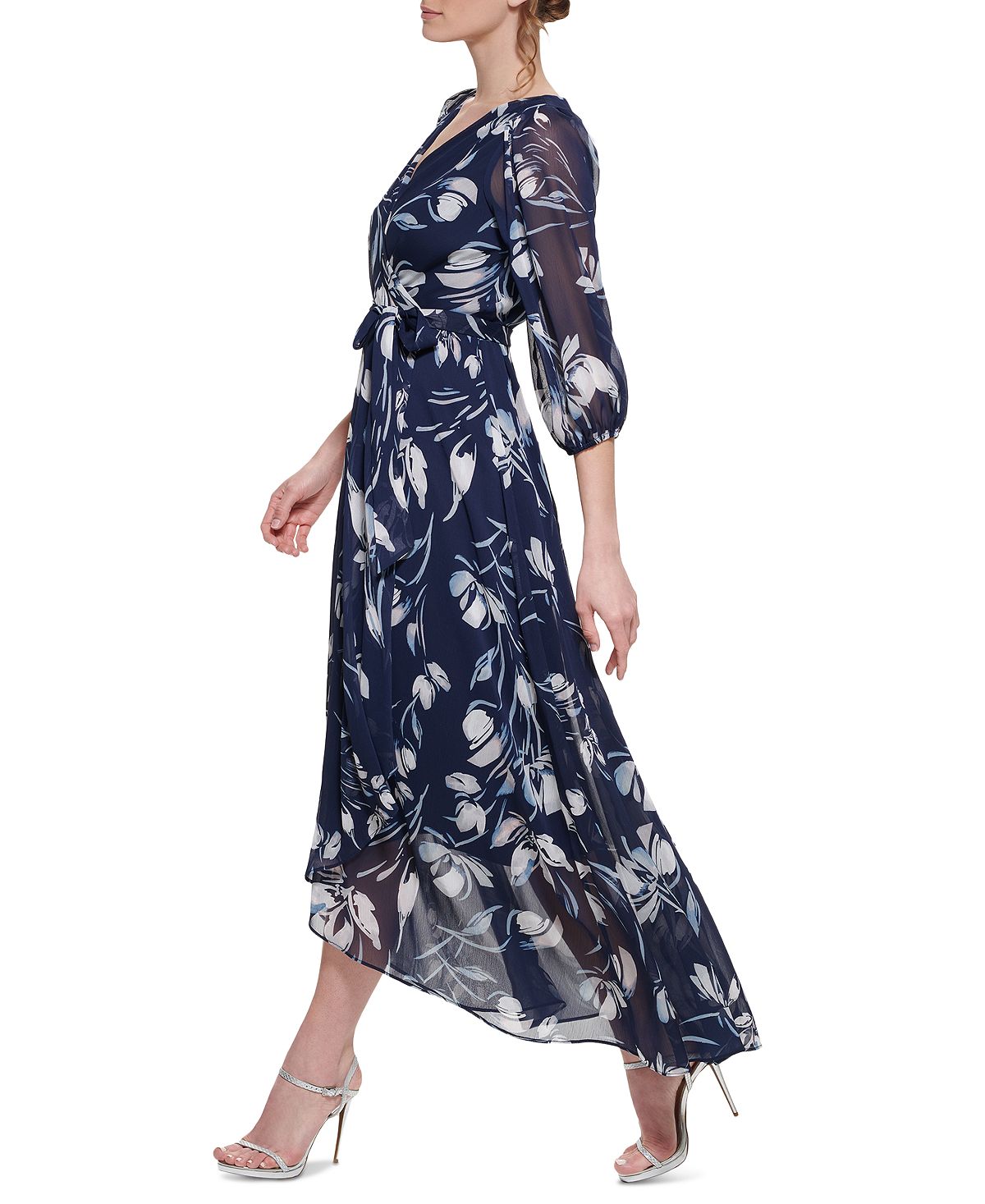 Vestido envelope falso com estampa floral DKNY feminino, azul, tamanho 8