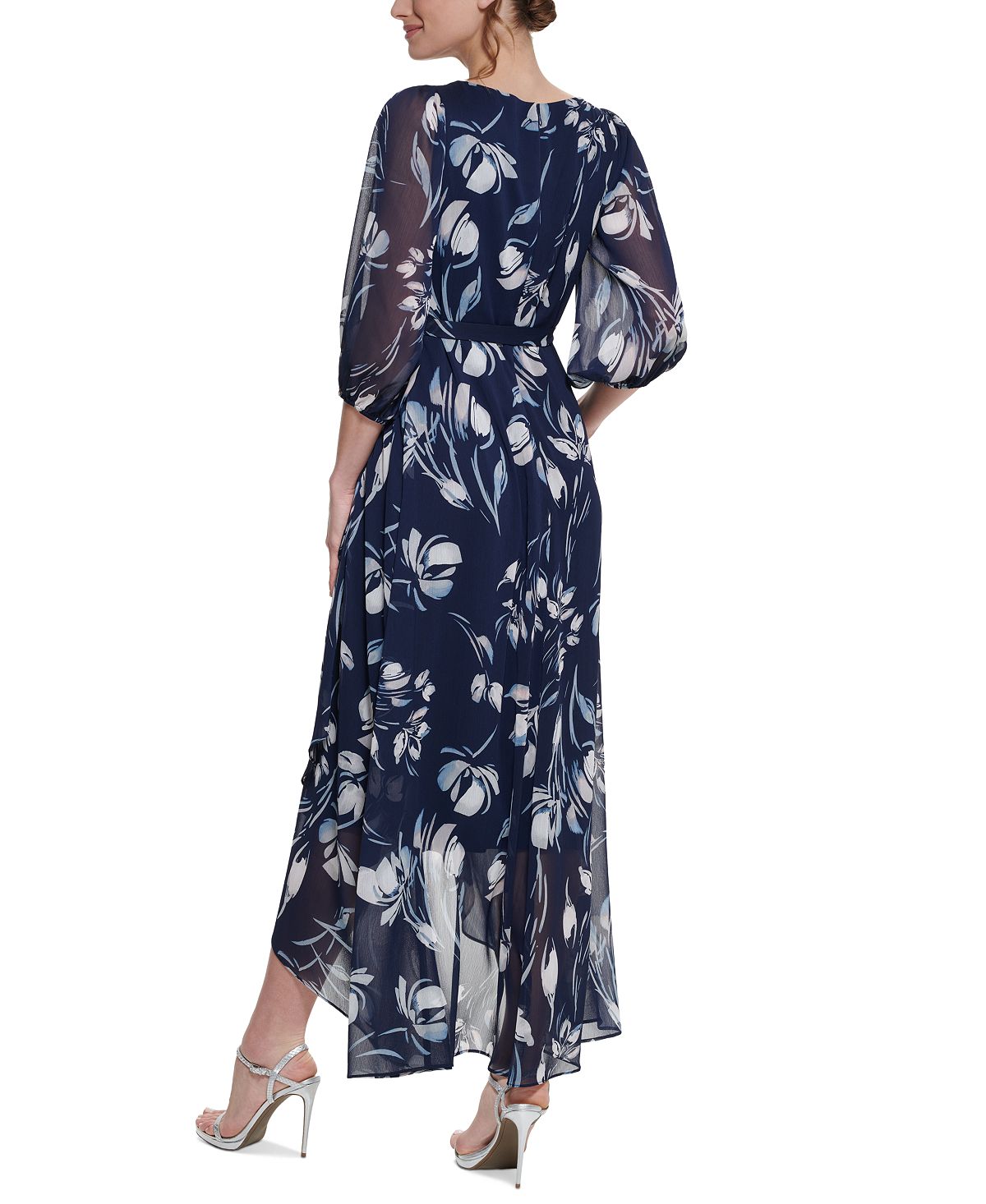 Vestido envelope falso com estampa floral DKNY feminino, azul, tamanho 2