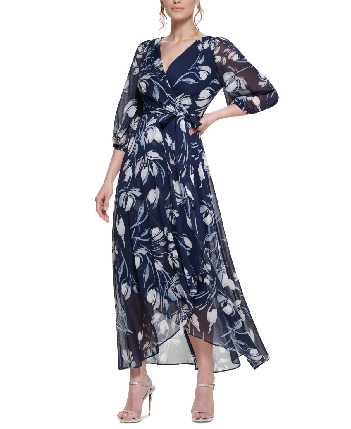 Vestido envelope falso com estampa floral DKNY feminino, azul, tamanho 2