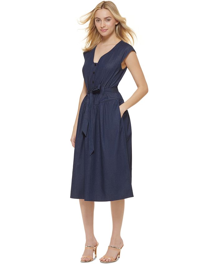 Vestido midi jeans feminino DKNY com manga curta e amarração na cintura, azul, tamanho 8