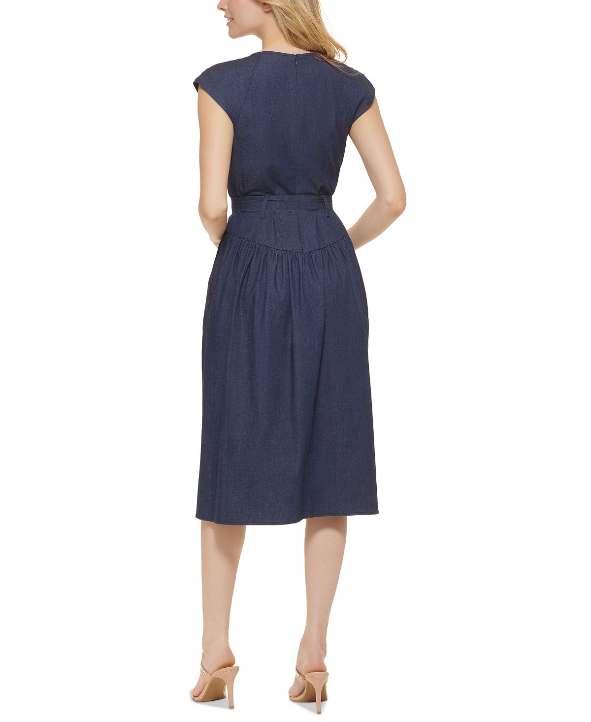 Vestido midi jeans feminino DKNY com manga curta e amarração na cintura, azul, tamanho 8