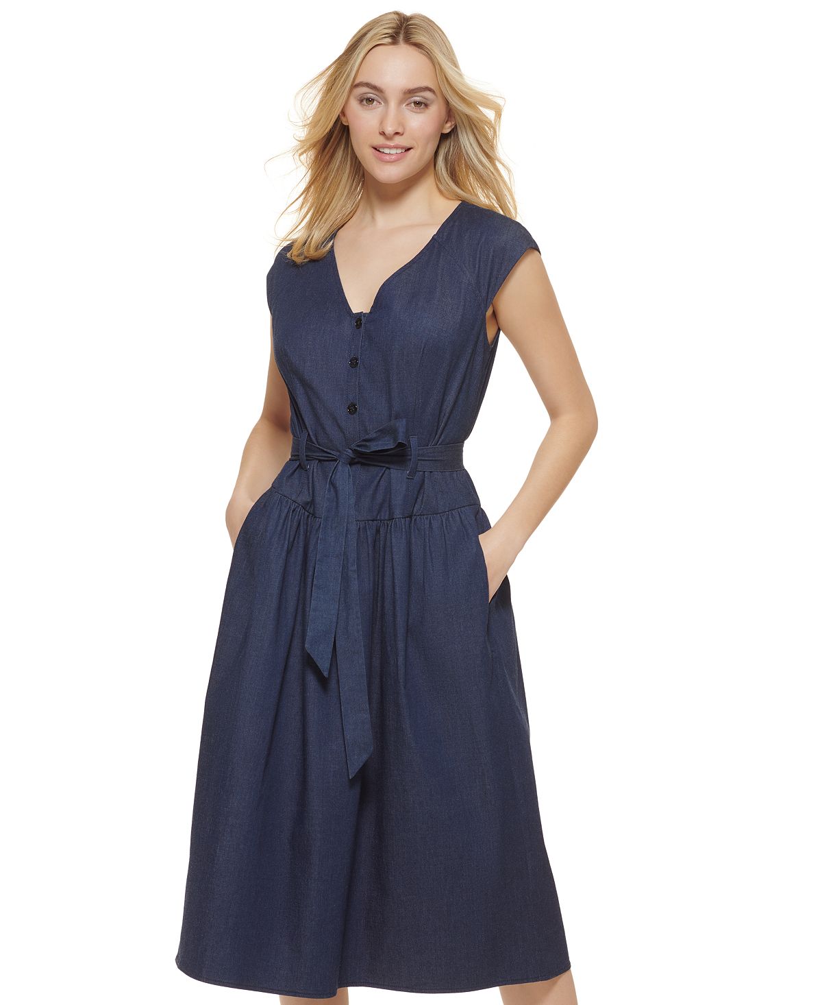 Vestido midi jeans feminino DKNY com manga curta e amarração na cintura, azul, tamanho 8